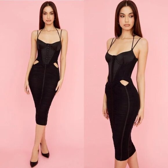 House🍒 of CB Maya Ruched 🌹Midi Dress in Black - Picture 3 of 3